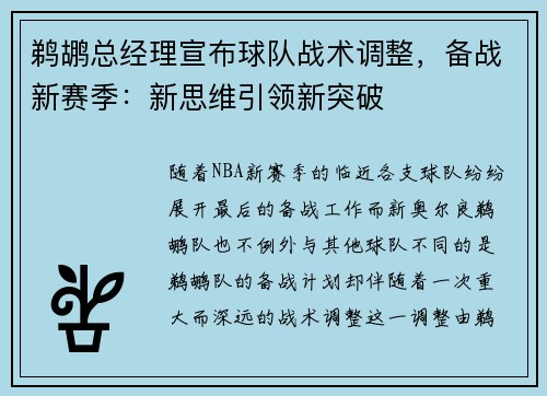 鹈鹕总经理宣布球队战术调整，备战新赛季：新思维引领新突破