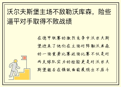 沃尔夫斯堡主场不敌勒沃库森，险些逼平对手取得不败战绩