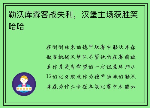 勒沃库森客战失利，汉堡主场获胜笑哈哈