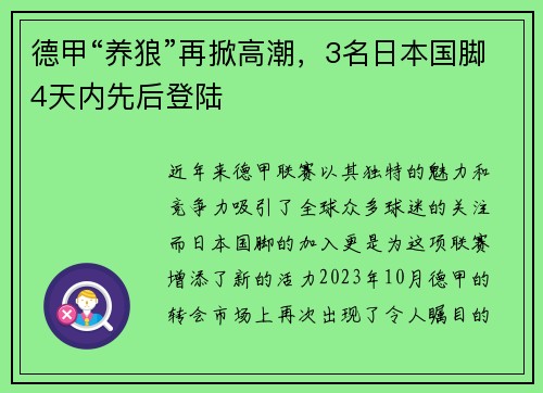 德甲“养狼”再掀高潮，3名日本国脚4天内先后登陆