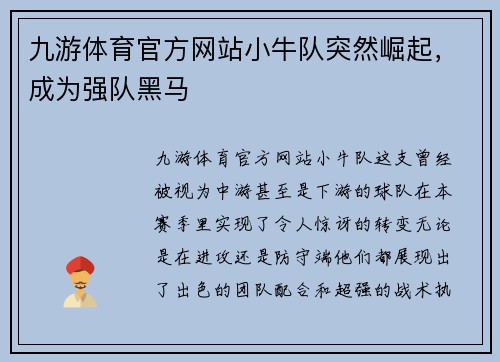 九游体育官方网站小牛队突然崛起，成为强队黑马