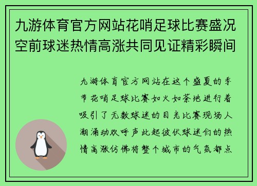 九游体育官方网站花哨足球比赛盛况空前球迷热情高涨共同见证精彩瞬间